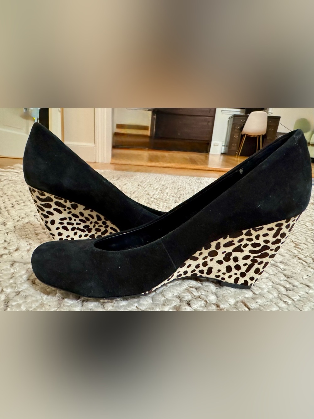 Franco Sarto Black Suede Wedge Pumps with Leopard Detail